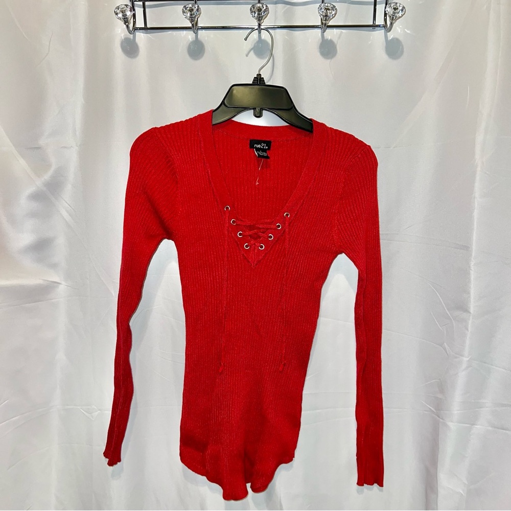 Red V Neck Lace Tie Up Ribbed Knit Stretchy Long Sleeve Top Sweater